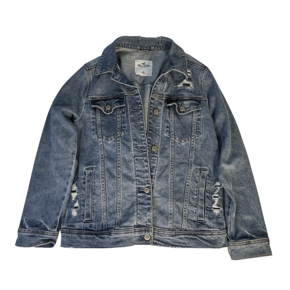 Hollister Distressed Denim Trucker Jacket Womens XS Medium Wash